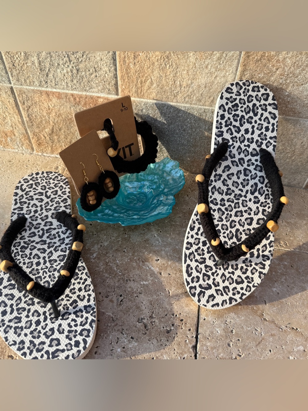 Handmade Black Crochet/wooden beads Leopard Print Flip Flop Sandals